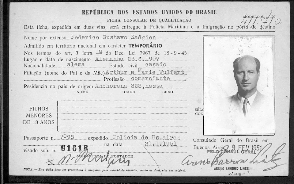 A 1951 Brazilian document of ex-Nazi Friedrich 'Federico' Kadgien