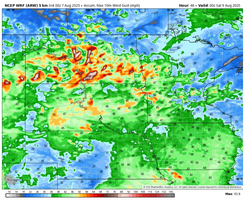 The orange, red and white shades indicate where the strongest winds gusts could occur.WeatherBell