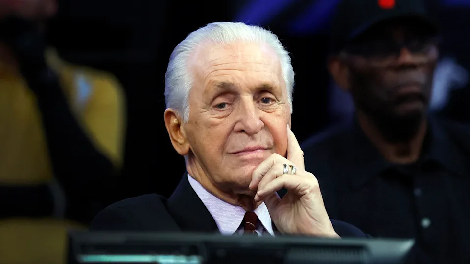 Miami Heat president Pat Riley during a time out in the first half as the Miami Heat play host to Denver Nuggets at the Kaseya Center on Friday, Jan. 17, 2025, in Miami. (Al Diaz/Miami Herald/Tribune News Service via Getty Images)