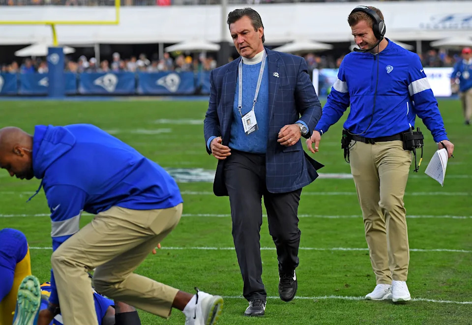 LOS ANGELES, CA - DECEMBER 29: The Los Angeles Rams team orthopaedic surgeon, Dr. Neal ElAttrache, runs with head coach Sean McVay on to the field after to attend to an injured player in the game against the Arizona Cardinals at the Los Angeles Memorial Coliseum on December 29, 2019 in Los Angeles, California. (Photo by Jayne Kamin-Oncea/Getty Images)