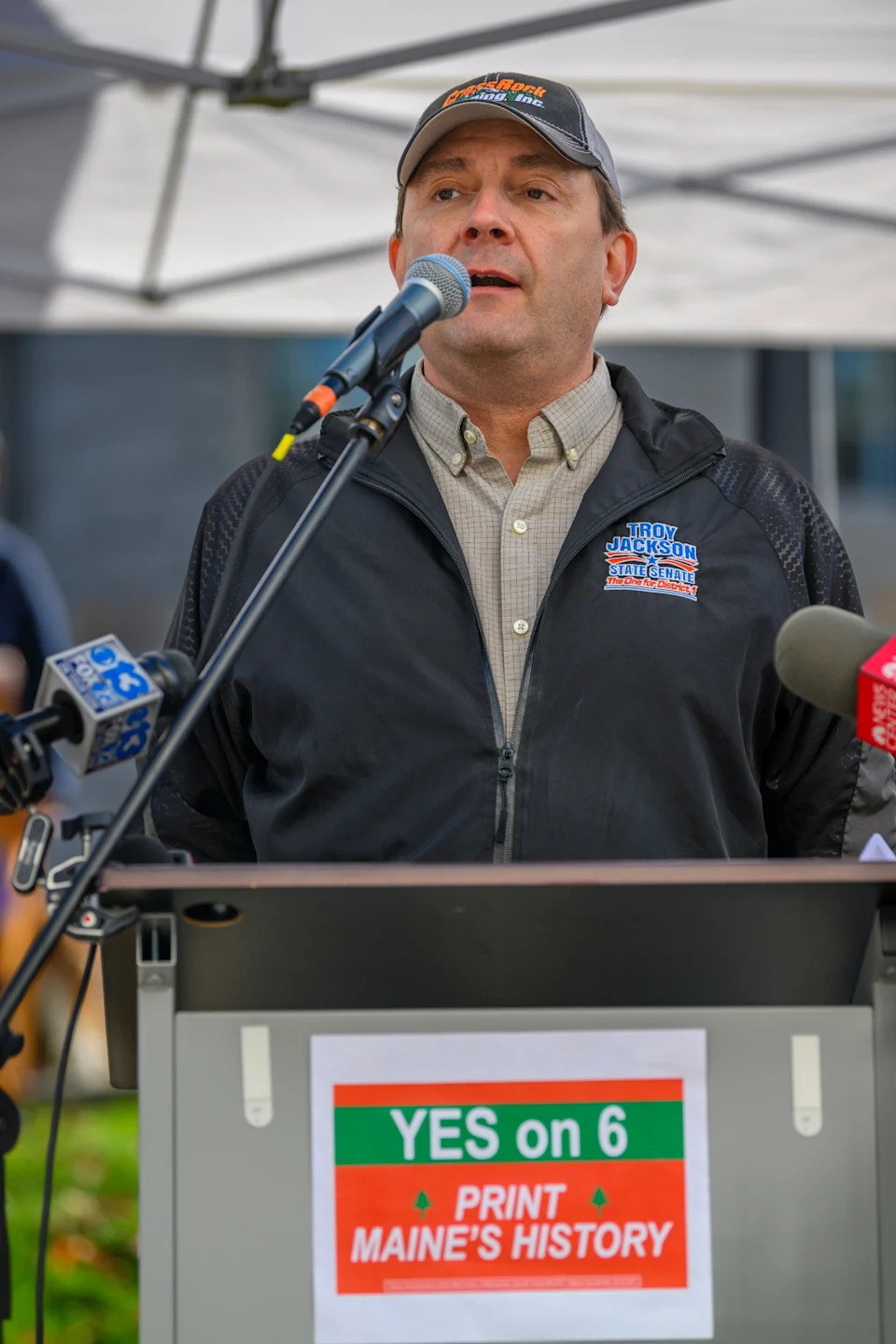 Maine Senate President Troy Jackson speaks at a Wabanaki Alliance rally on Indigenous Peoples’ Day at the Maine State House in Augusta. Oct. 9, 2023. (Photo by Jim Neuger/ Maine Morning Star)