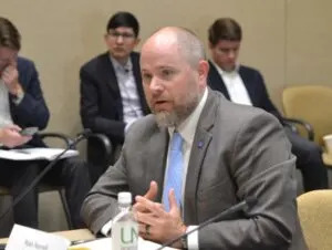  Ryan Norrell of Basin Electric Power Cooperative speaks during a roundtable discussion on energy in Grand Forks, North Dakota, on Aug. 13, 2025. (Jeff Beach/North Dakota Monitor)