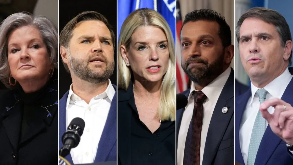 From left: White House chief of staff Susie Wiles, Vice President JD Vance, Attorney General Pam Bondi, FBI Director Kash Patel and Deputy Attorney General Todd Blanche. - Getty Images/AP