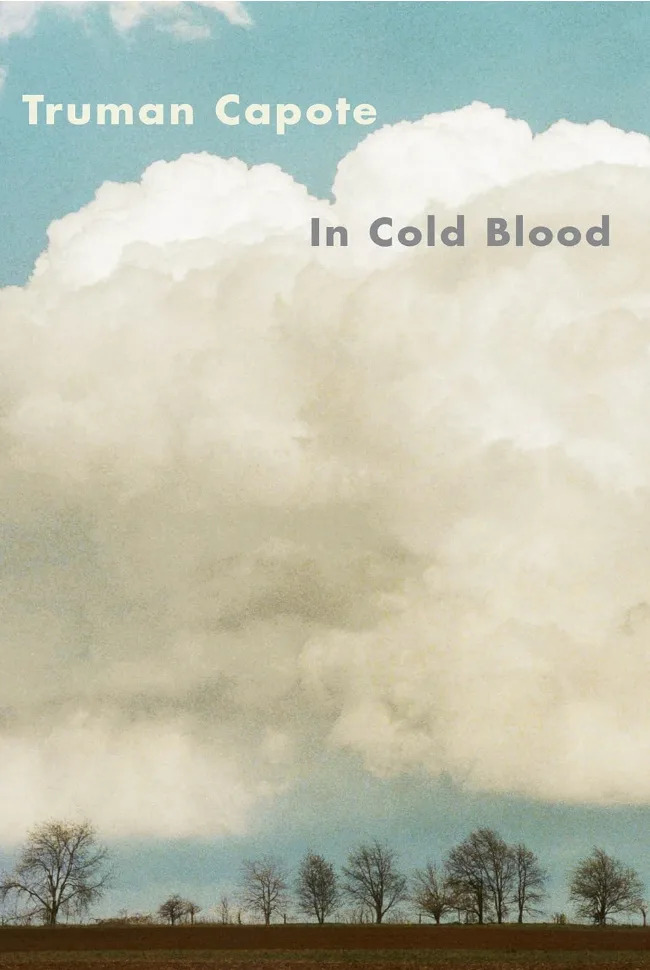 Cover of "In Cold Blood" by Truman Capote featuring a landscape of trees under large, dramatic clouds