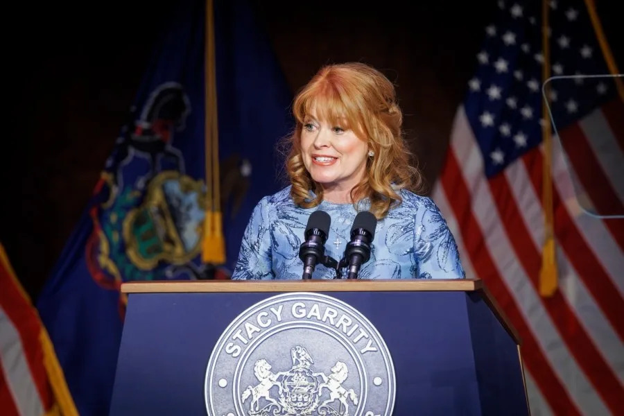 Stacy Garrity, Pennsylvania’s 78th treasurer, delivers her inaugural address Tuesday, Jan. 21, 2025, at The Forum Auditorium in Harrisburg, Pa., kicking off her second term in office.