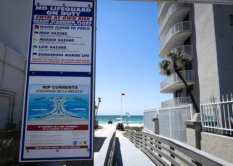 A red rip current flag is seen in Panama City Beach, Fla., April 2, 2025. The National Weather Service advises always checking the flags before going into the water.