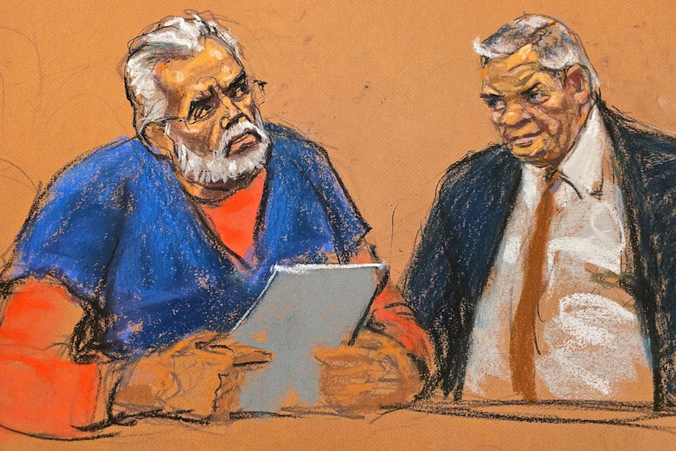 Un dibujo de Ismael Zambada leyendo su declaración junto a Frank Pérez