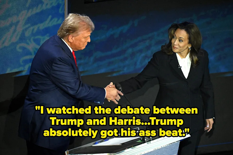 US Vice President and Democratic presidential candidate Kamala Harris (R) shakes hands with former US President and Republican presidential candidate Donald Trump during a presidential debate