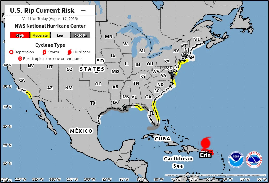 U.S. rip current risk from Hurricane Erin, as of 5 a.m. Aug. 17, 2025.