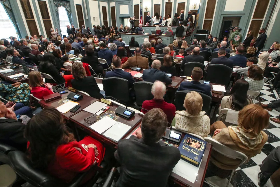 Rep. Melissa Minor-Brown takes the oath of speaker of the House on the first day of the legislative session of the 153rd General Assembly at Legislative Hall in Dover on Jan. 14, 2025.