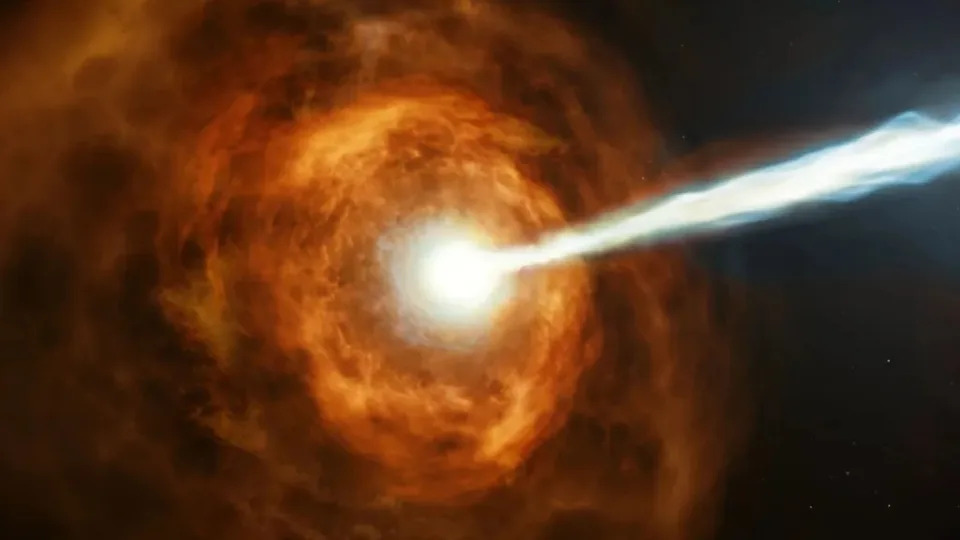 A brown and orange swirl with a beam of light emerging from its central region