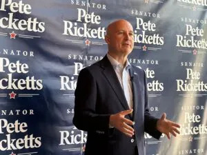 U.S. Sen. Pete Ricketts, R-Neb., speaks to supporters during his campaign kickoff event Aug. 23, 2023, in Omaha. (Aaron Sanderford/Nebraska Examiner)