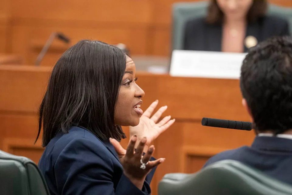 U.S. Rep. Jasmine Crockett, D-Dallas, answers qeustions at the witness table during the final public hearing of the House Select Committee on Congressional Redistricting at the Texas Capitol on August 1, 2025.