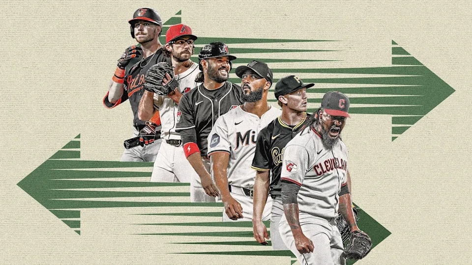 (From left) Ryan O'Hearn, Zac Gallen, Eugenio Suarez, Sandy Alcantara, Mitch Keller and Emmanuel Clase could all be difference-makers for new teams down the stretch. (Mallory Bielecki/Yahoo Sports)