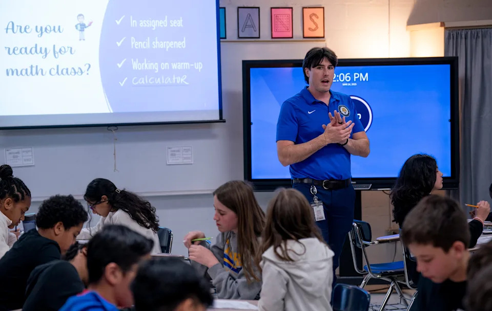 Kevin Stevens conducts class for his sixth grade accelerated math students at Head Magnet Middle School in Nashville, Tenn., Monday, March 24, 2025.
