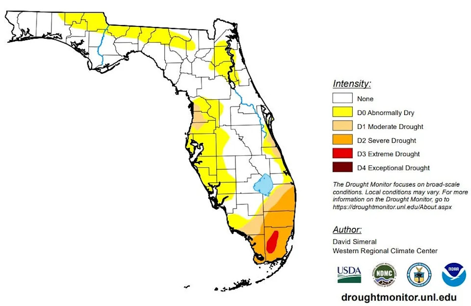 Southeast Florida and Collier County are the only areas in the state that have severe to extreme drought as of July 29, 2025.