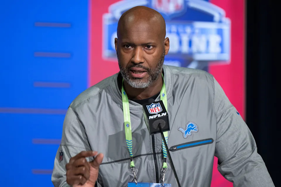 INDIANAPOLIS, IN - MARCH 01: Detroit Lions general manager Brad Holmes answers questions from the media during the NFL Scouting Combine on March 1, 2022, at the Indiana Convention Center in Indianapolis, IN. (Photo by Zach Bolinger/Icon Sportswire via Getty Images)