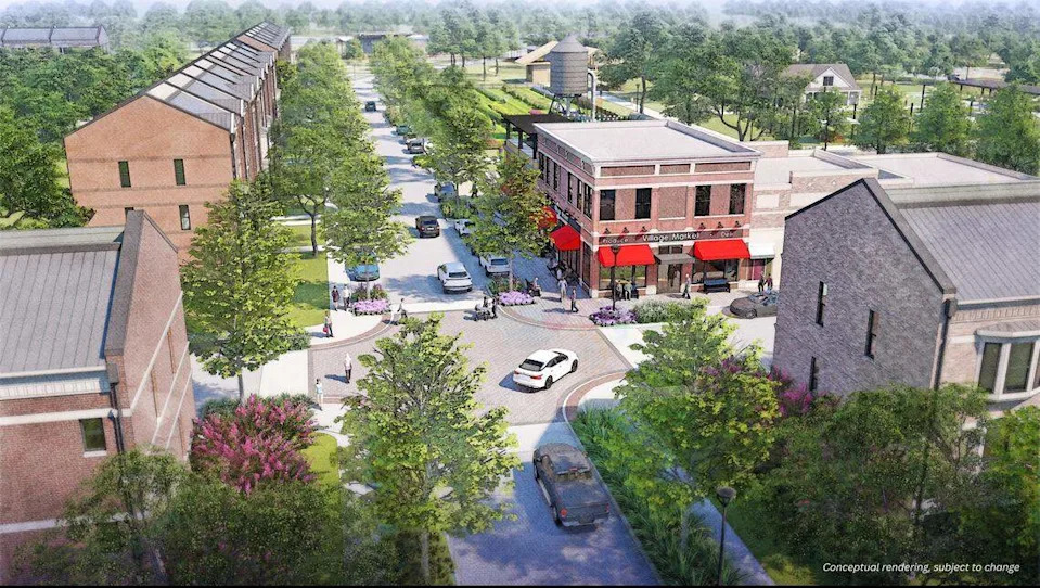 A rendering of the community “hub” at Goodland, a 5,000-acre master planned community on the southern edge of Grand Prairie.