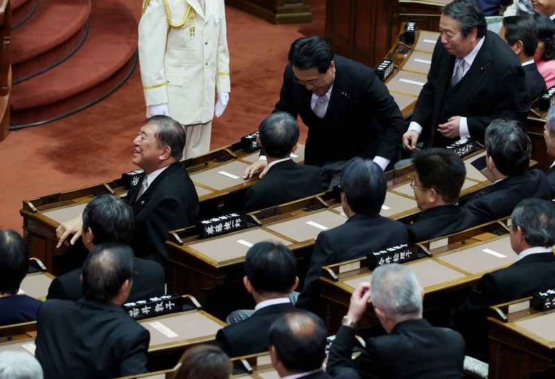 第218臨時国会の開会式に臨む石破茂首相（左奥）＝国会内で2025年8月1日午後1時54分、滝川大貴撮影