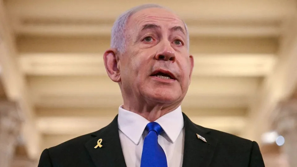Israeli Prime Minister Benjamin Netanyahu speaks to the press after meeting with US Speaker of the House Mike Johnson at the US Capitol in Washington, DC, on July 8. - Jim Watson/AFP/Getty Images