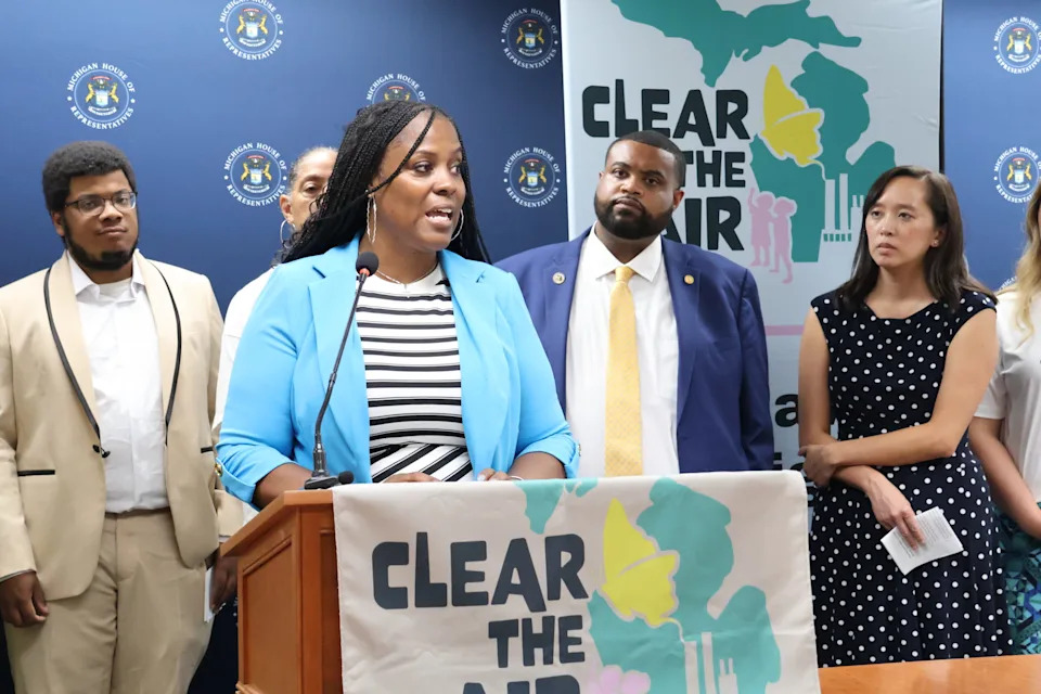 Deirdre Nieves, director of climate solutions and justice for the West Michigan Environmental Action Council calls out federal efforts to roll back pollution protections as Michigan lawmakers reintroduce legislation to address cumulative pollution in overburdened communities. July 29, 2025 | Photo by Kyle Davidson/Michigan Advance