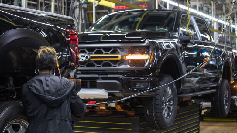 The new Ford F-150 truck goes through the assembly line at the Ford Dearborn Plant on April 11, 2024 in Dearborn, Michigan.