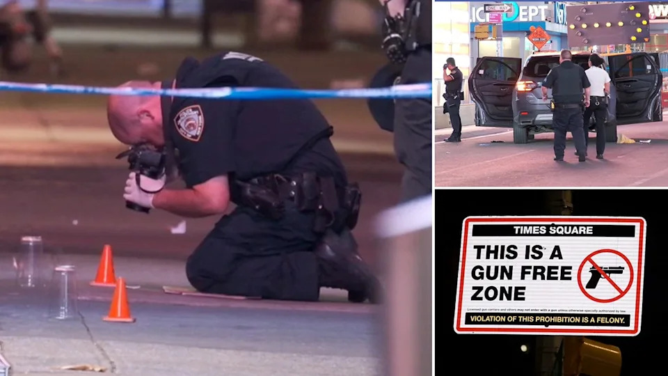 Collage of Times Square shooting scene