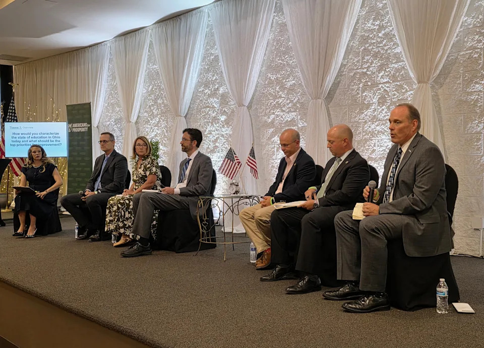 A range of educational issues from transportation, to property taxes to school choice were discussed Aug. 20 in Hilliard by a panel that included, from right to left, Todd Hoadley, superintendent of Tolles Career and Technical Center near Plain City in Madison County; Rep. Brian Stewart, R-Asheville; Sen. Andrew Brenner, R-Delaware; Omar Tarazi, attorney for South Western City Schools; Tera Myers, a school choice advocate; and Troy McIntosh, director of the Ohio Christian Education network.