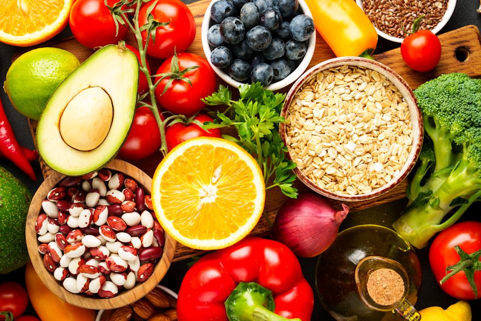 A tabletop full of fruits, vegetables and other low-sodium foods