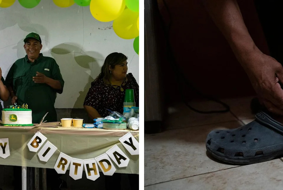 Left: Jaime and his wife cheer with their grandchildren during his birthday celebration at home in Mercedes. Right: Jaime charges the ankle monitor charger at his home.