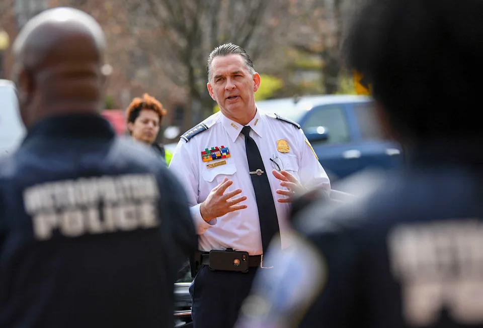 Police Chief Peter Newsham runs an outdoor roll call with officers during the COVID pandemic on March 24, 2020. (Jonathan Newton / The Washington Post via Getty Images file)