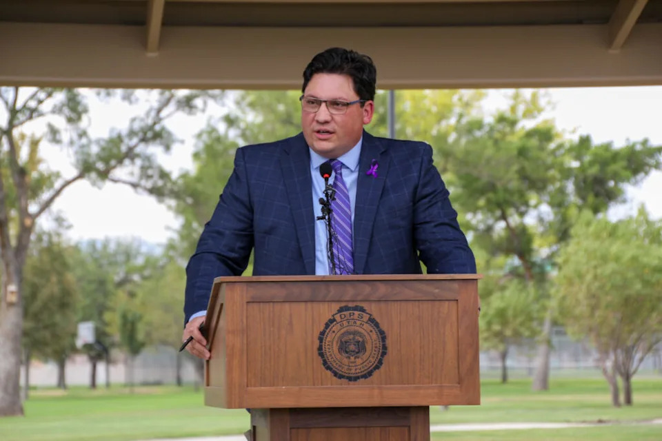 Rep. Ryan Wilcox, R-Ogden, speaks during a news conference announcing an online dashboard for domestic violence lethality assessment data at Veterans Memorial Park in West Jordan on Thursday, Aug. 21, 2025. (McKenzie Romero/Utah News Dispatch)