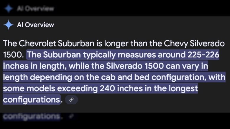 Google AI Overview incorrect comparison of the Chevy Suburban and Silverado