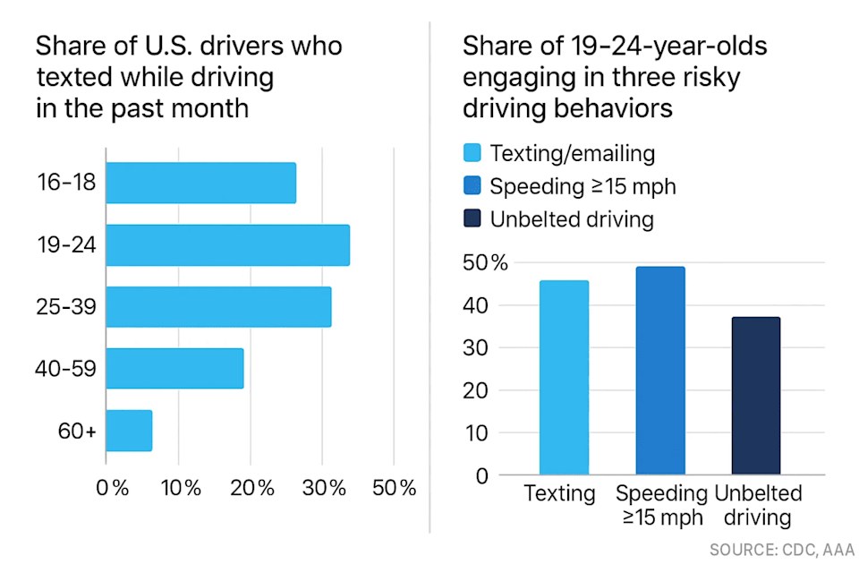 Chart showing share of U.S. drivers of different age groups who engaged in distracted driving behaviors. - Silverthorne Attorneys