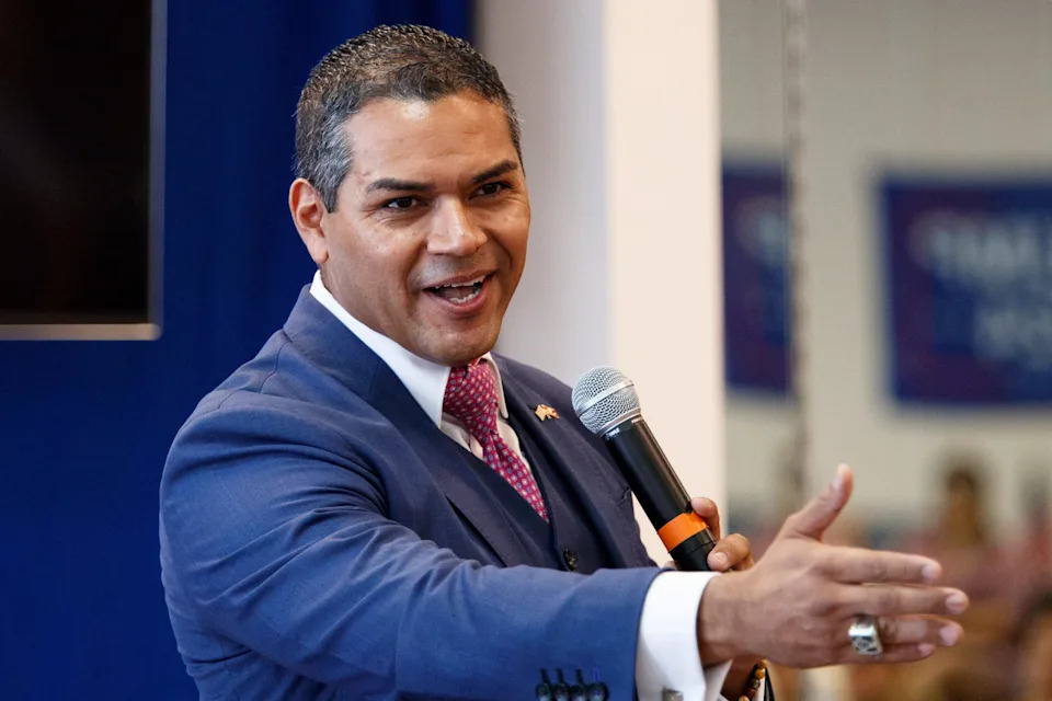 La Quinta City Councilmember Steve Sanchez announces his campaign for the State Senate at the East Valley Republican Women Federated headquarters in La Quinta, Calif., on July 27, 2021.