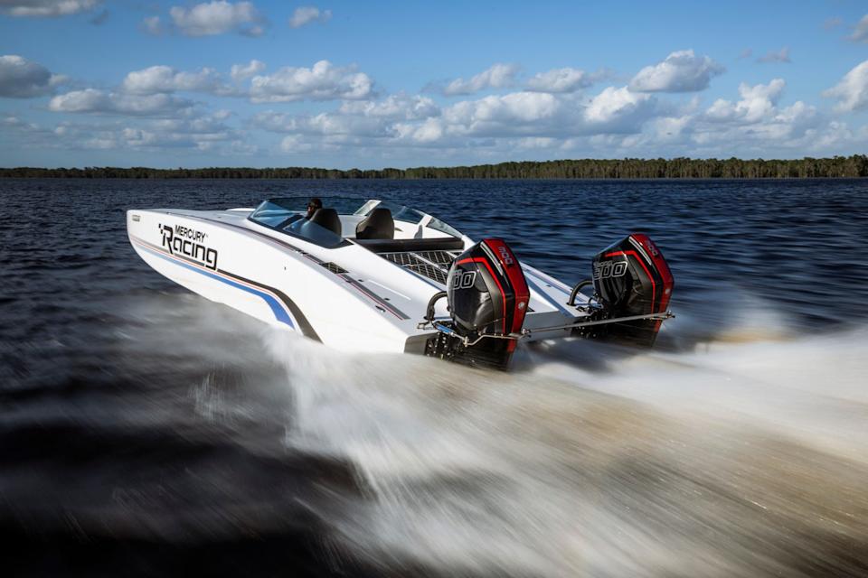 racing catamaran with mercury 300 engines