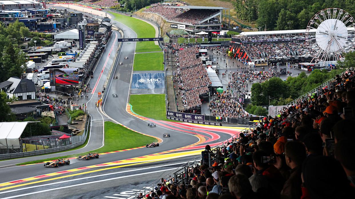 Drivers race during the race of the Formula One Belgian Grand Prix at the Spa-Francorchamps circuit in Stavelot, Belgium, July 27, 2025. (Photo by Li Qixiang/Xinhua via Getty Images)