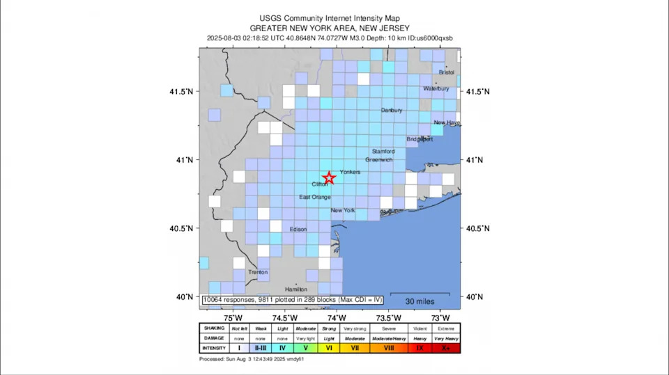 Graphic showing earthquake felt across New York City
