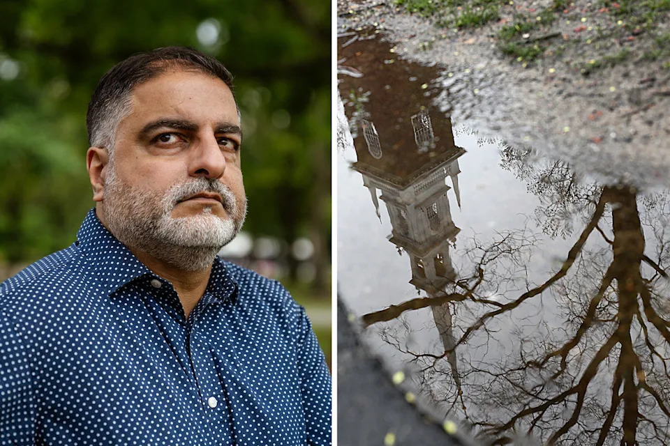 A split composite image of Hussein Rashid, left, and the peak of the Harvard University chapel reflected in a puddle on the ground (Vanessa Leroy / NBC News; Suzanne Kreiter / Boston Globe via Getty Images)