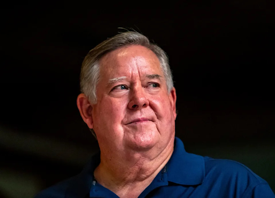 Rep. Ken Calvert looks out to volunteers and supporters after giving brief remarks at the kickoff breakfast for a day of action for local Republican candidates at BabaLoo Lounge in Palm Desert, Calif., Saturday, Oct. 5, 2024.