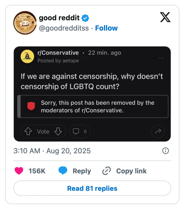 Tweet screenshot of a Reddit post questioning censorship of LGBTQ content, labeled as removed by moderators