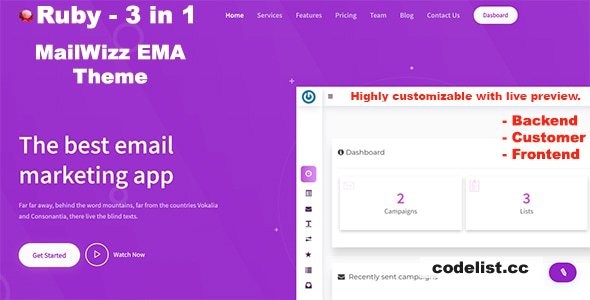Ruby v1.2.1 - 3 in 1 Mailwizz Modern Customizable Theme with Landing Page