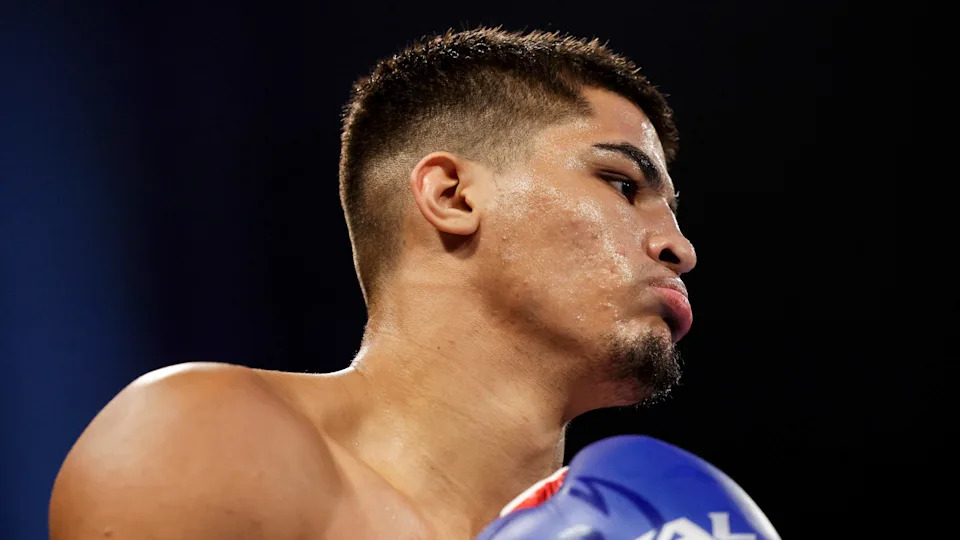 CORPUS CHRISTI, TEXAS - SEPTEMBER 15: Xander Zayas looks on against Roberto Valenzuela Jr. during their middleweight NABO/NABF title fight at American Bank Center on September 15, 2023 in Corpus Christi, Texas. (Photo by Carmen Mandato/Getty Images)