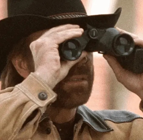 A person wearing a cowboy hat peers through binoculars, hashtag "#WalkerTexasRanger" in the corner
