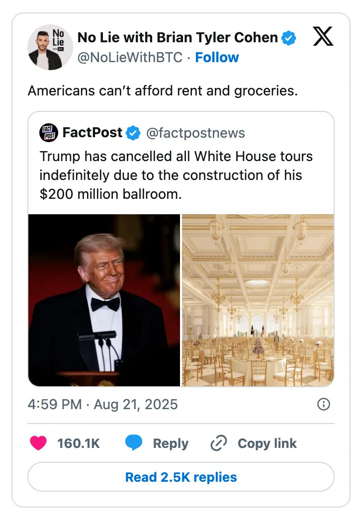 Tweet about American affordability issues; includes a shared post about Trump canceling White House tours for a ballroom construction