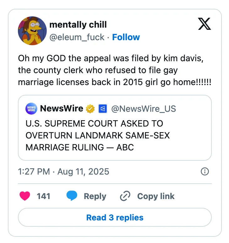 Social media post discussing Kim Davis's appeal related to same-sex marriage licenses, referencing a news article about a Supreme Court case