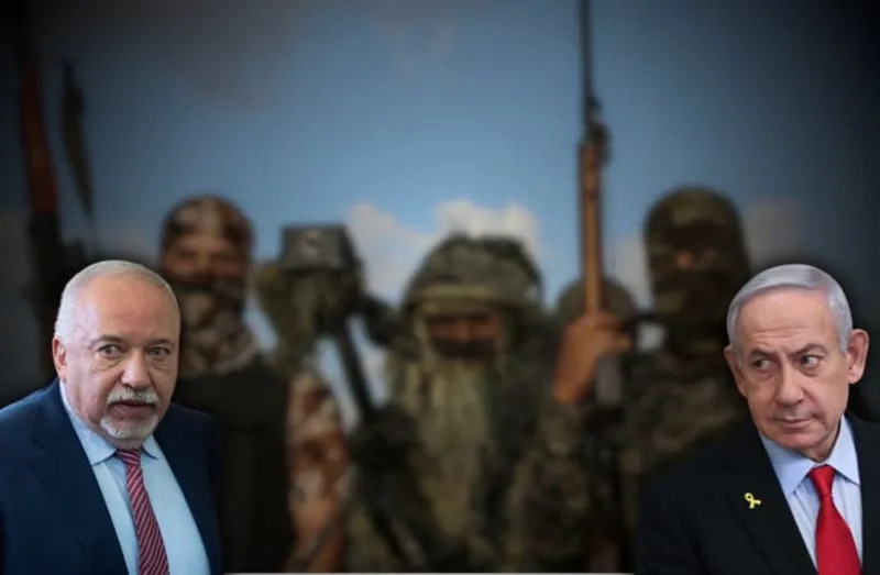 L to R: Yisrael Beytenu chair Avigdor Liberman, Prime Minister Benjamin Netanyahu against backdrop of terrorists. (illustration) (credit: Shutterstock/Anas-Mohammed, Flash90/Yair Sagi/POOL, Yonatan Sindel)