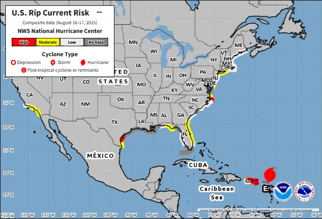 U.S. rip current risk as of 5 a.m., Aug. 16, 2025.