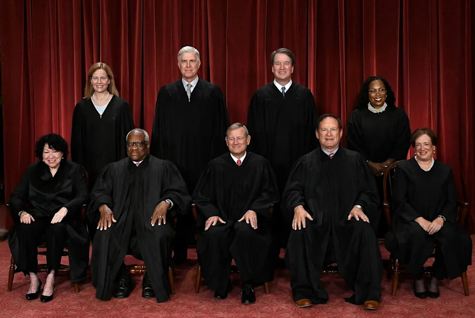 Olivier Douliery/AFP via Getty Images - PHOTO: Justices of the US Supreme Court pose for their official photo at the Supreme Court in Washington, DC on October 7, 2022.