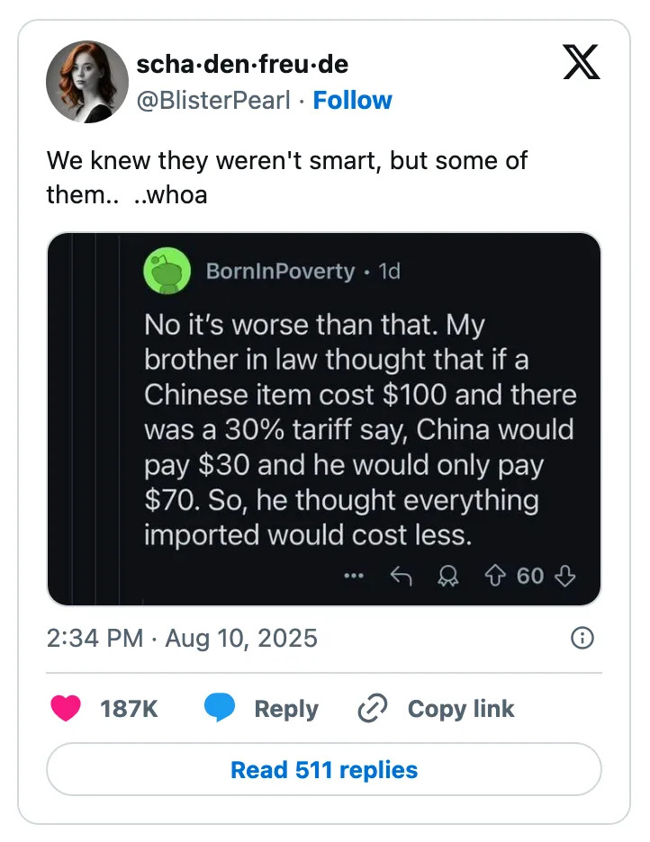 Social media post sharing a story about a misunderstanding regarding import taxes, attracting over 187K likes and 60 replies